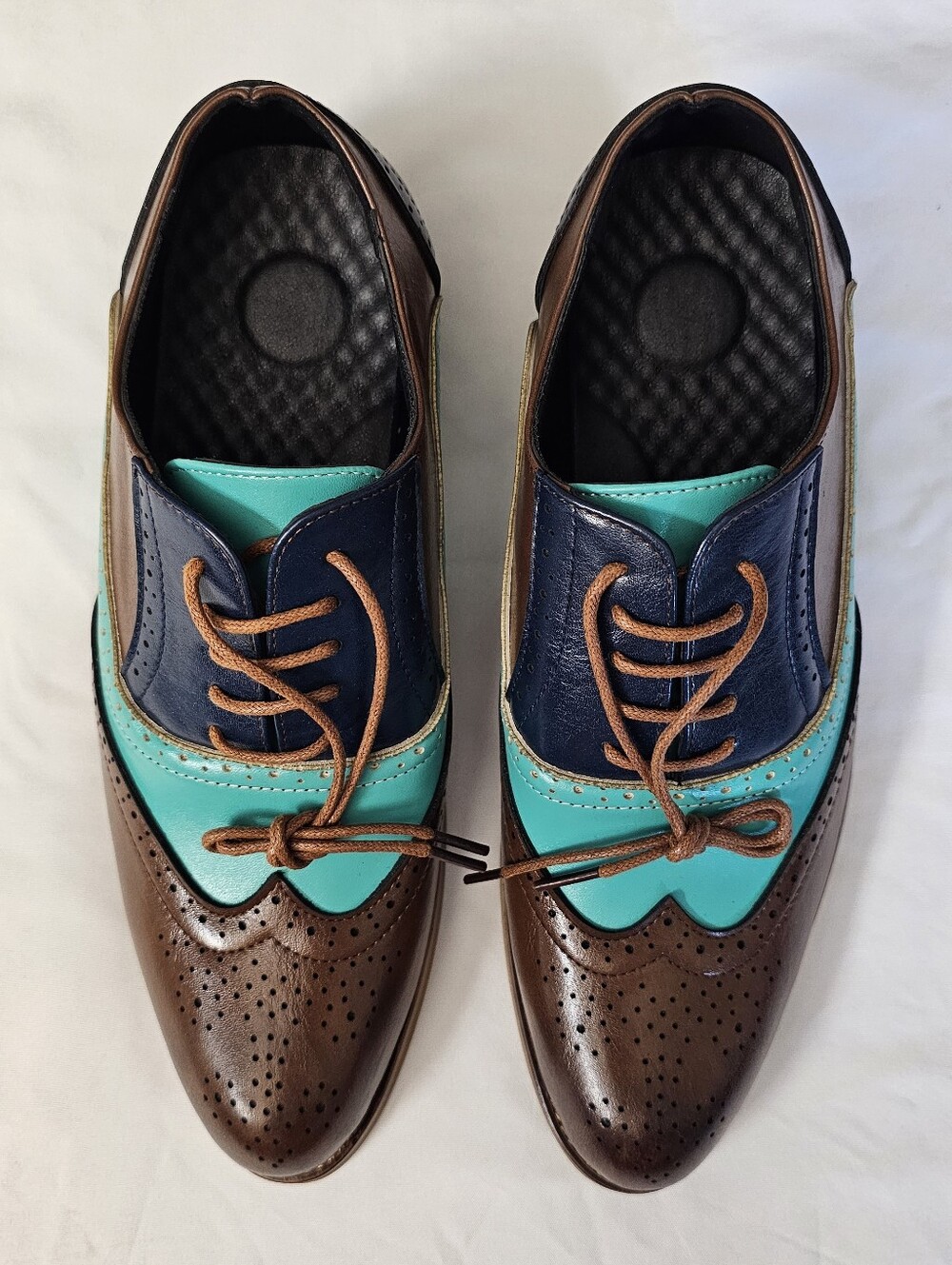 Unique Tri-Tone Faux Leather Lace Up Brogue Oxford Shoes Wingtip Loafers NEW - Picture 2 of 14